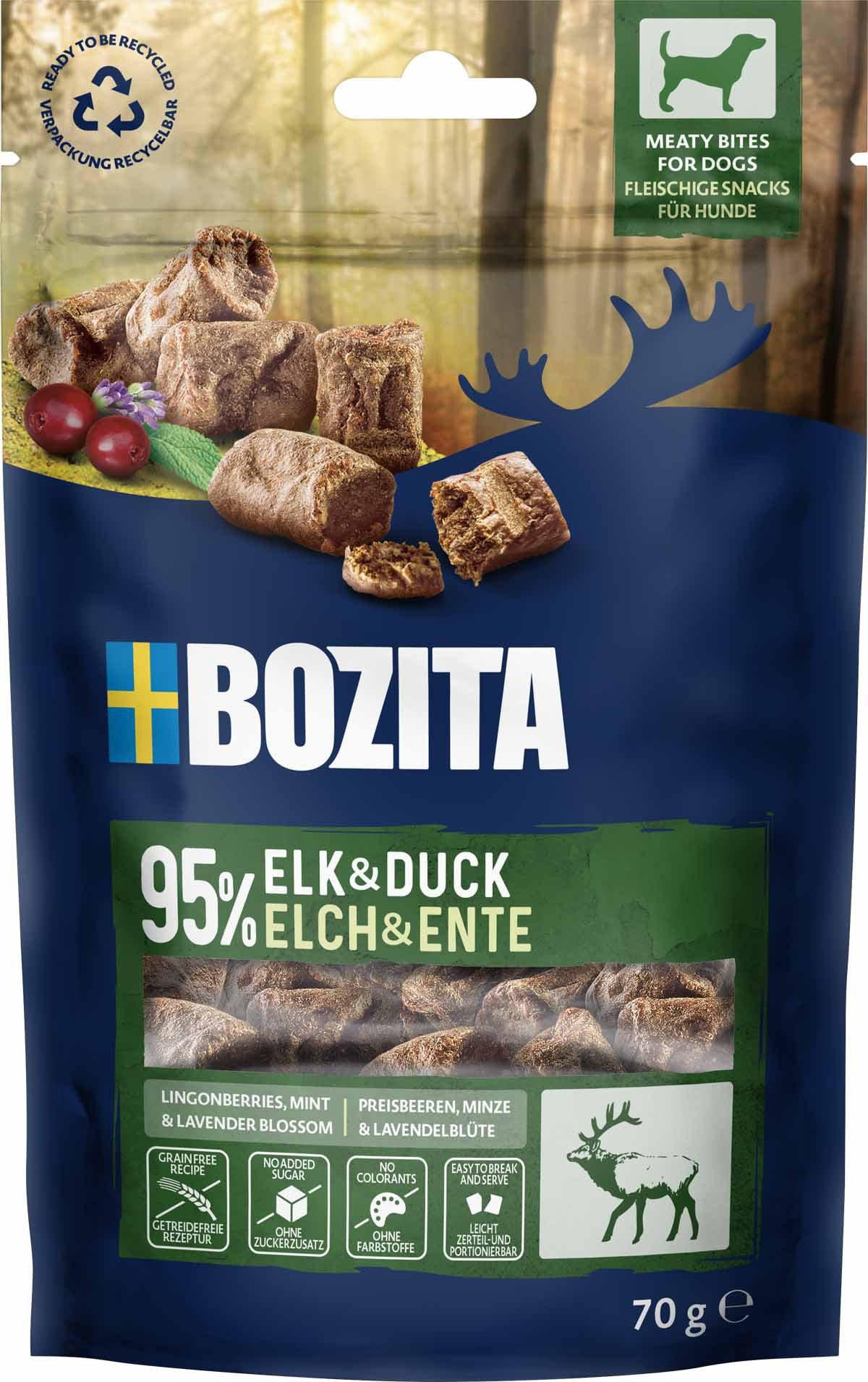 10 Pack - BOZITA Meaty Bites hundegodbidder med elg og and 70g
