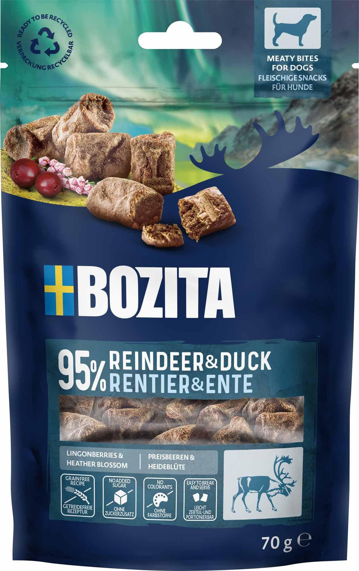 10 Pack - BOZITA Meaty Bites hundegodbidder med rensdyr og and 70g