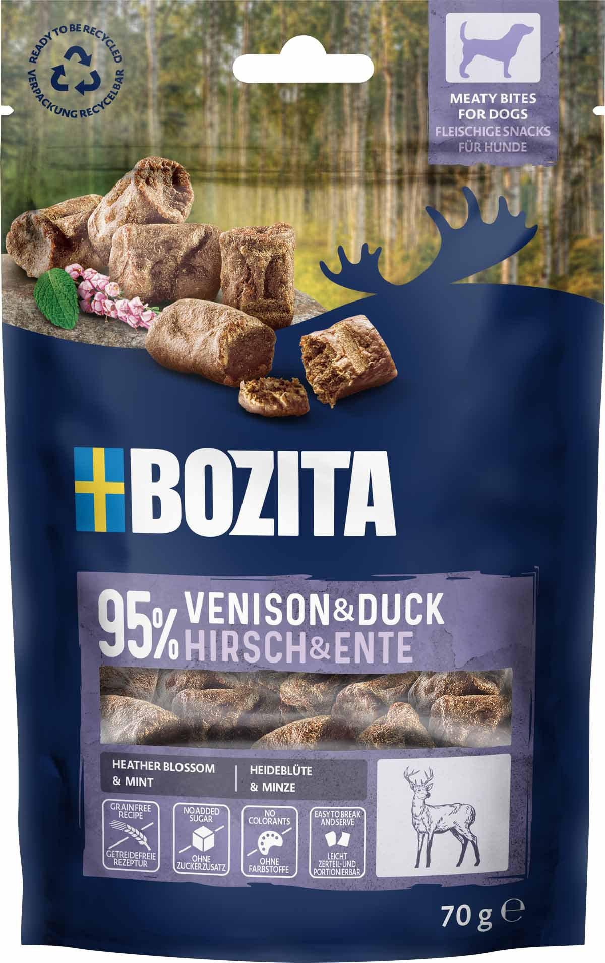 10 Pack - BOZITA Meaty Bites hundegodbidder med hjort og and 70g