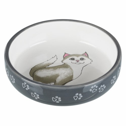 Keramik skål t/katte m. kort næse, 0.3 l/ø 15 cm, grå