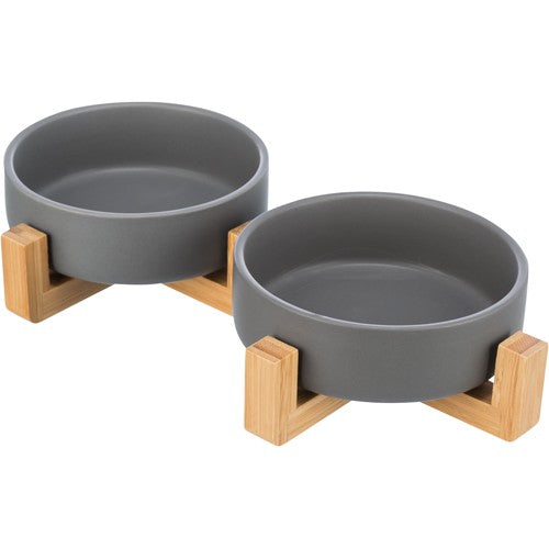 Bowl set, ceramic/wood, 0.3 l/31 × 6 × 16 cm, grey/natural