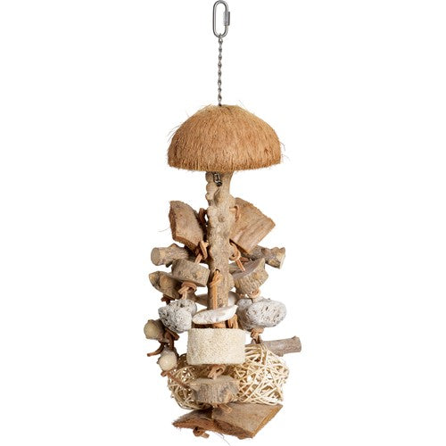 Companion bird toy with coconut and rock stone